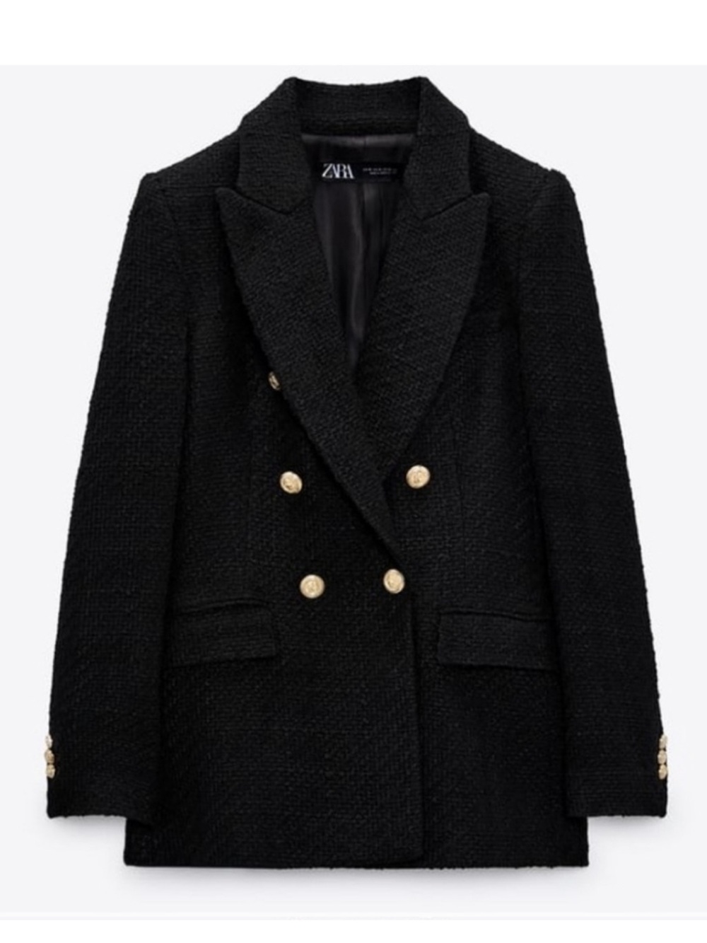 Zara Black Double-Breasted Tweed Blazer